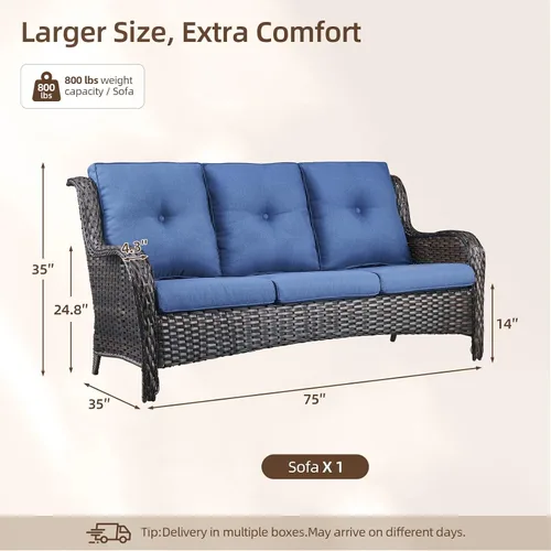 Vista 2 de Rilyson Sofá de mimbre para patio al aire libre, sofá de ratán de 3 asientos con asientos profundos y cómodos cojines para porche exterior, terraza