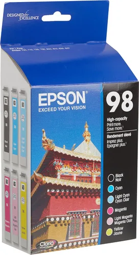 Vista 2 de Epson 98 negro y color C/M/Y/LC/LM - Cartuchos de tinta, T098120-BCS y T099 Claria tinta de alta definición Capacidad estándar Paquete combinado
