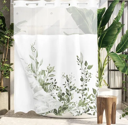 Vista 43 de Tititex - Juego de cortinas de ducha de eucalipto negro, hojas de acuarela gris en la parte superior, con decoración floral de baño, 60 x 72