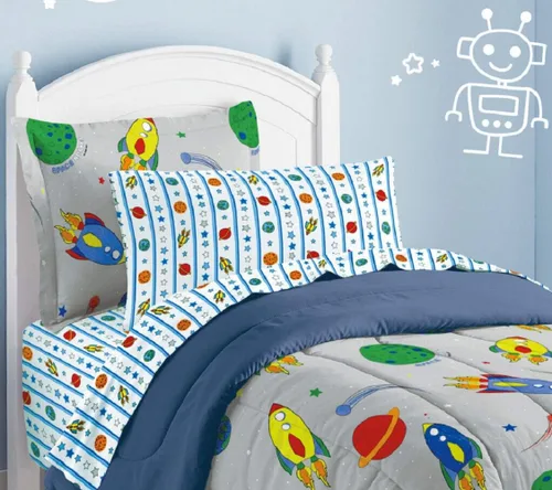 Vista 89 de Dream Factory Dinosaur Blocks - Juego de edredón de microfibra ultrasuave para niños, color azul, tamaño individual Bloques de dinosaurios azules