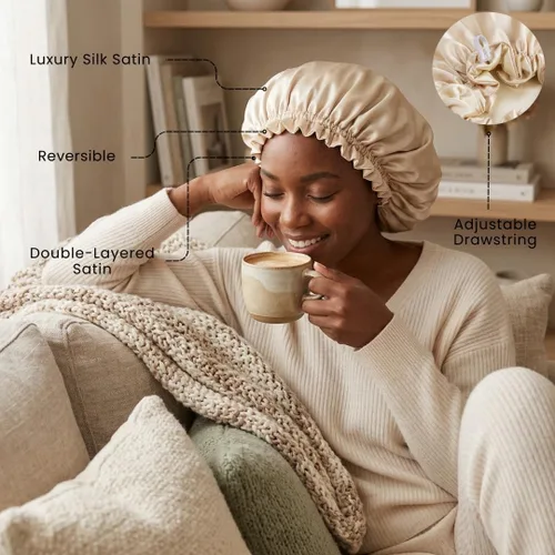 Vista 3 de Gorro de pelo para dormir, gorro de noche con clip ajustable, gorro reversible para el cabello para mujer, gorro de satén de seda