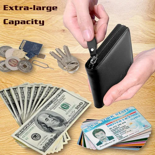 Vista 23 de Admetus - Cartera de piel auténtica para hombre con cremallera, plegable