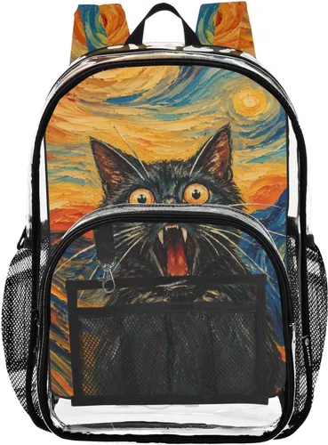 Vista 3 de Mochila transparente con diseño de gato negro y helado para la Negro Naranja Abstracto Gato