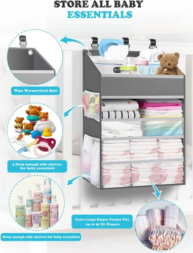 Vista 2 de Organizador de pañales colgante PHOTOONE para cuna – Organizador espacioso para guardería de bebé niña/niño para mesa de cambio, corralito/pared