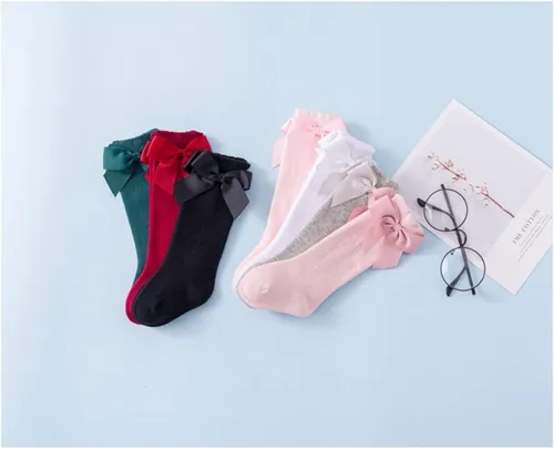 Vista 5 de BULINGNA Calcetines de princesa con lazo, color sólido, con volantes, hasta la rodilla, para bebé, para uniforme escolar
