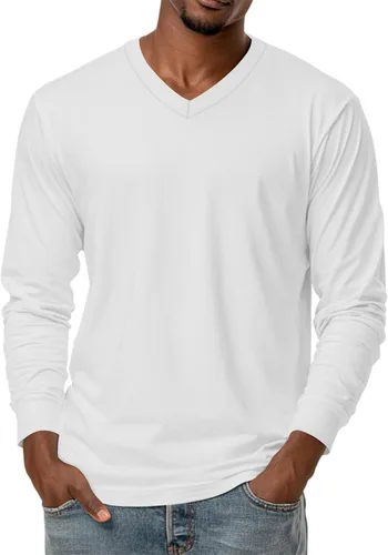 Vista 23 de Camiseta para hombre, manga larga, cuello en V, color liso, informal, básica, suave, elástica, M-3XL