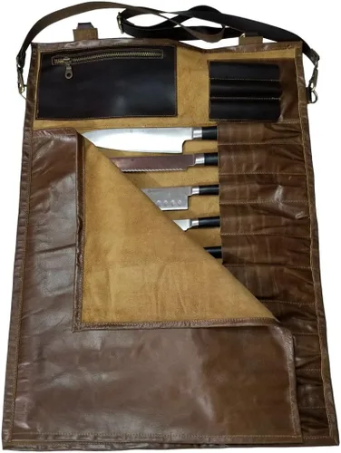 Vista 11 de Auténtico ligero Premium cuero profesional antiguo marrón largo cuchillo de chef bolsa/cuchillo de chef rollo 13 ranuras espacio # K5
