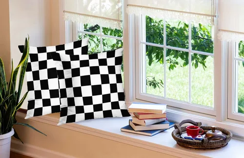 Vista 2 de Fundas de almohada decorativas de 16 x 16 pulgadas, patrón blanco y negro de tablero de ajedrez para sofá, fundas de cojín de granja para decoración