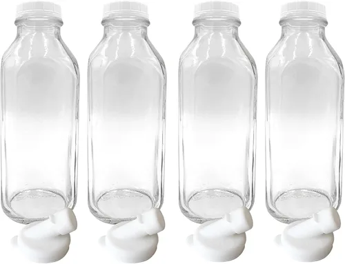 Vista 5 de The Dairy Shoppe Botella de leche de vidrio pesado, jarra con tapa y boquilla de silicona para verter, recipiente de leche transparente
