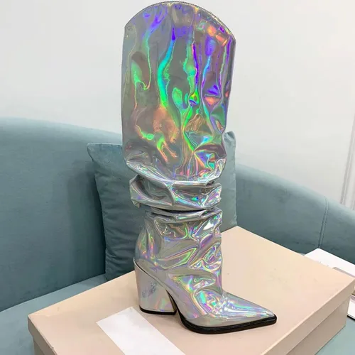 Vista 19 de Vertundy Botas altas hasta la rodilla metálicas con punta puntiaguda para mujer, botas altas de tacón alto de charol plisadas, botas largas plisadas