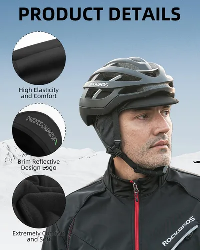 Vista 9 de ROCKBROS Gorras de ciclismo de invierno para hombres y mujeres, sombrero de ciclismo a prueba de viento con visera solar debajo del casco forro negro