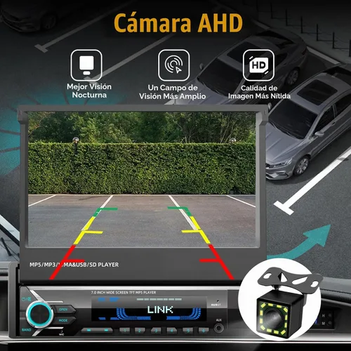 Vista 6 de [Actualización] Reproductor estéreo de coche de un solo DIN compatible con Apple Carplay y Android Auto - Pantalla táctil motorizada abatible de 7