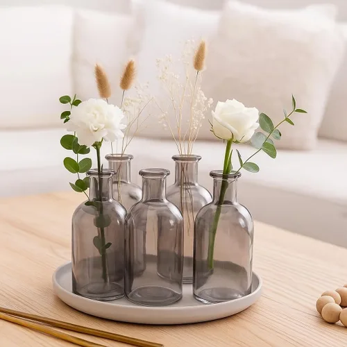 Vista 5 de Koyal Wholesale Juego de 6 mini jarrones de cristal para centros de mesa, bodas y decoración del hogar, pequeñas botellas decorativas para flores
