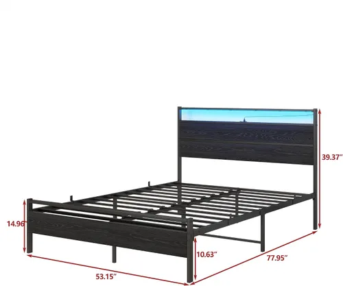 Vista 2 de Base de cama de tamaño matrimonial con cabecero de madera/luces LED, plataforma de metal, tamaño matrimonial con estación de carga, soporte