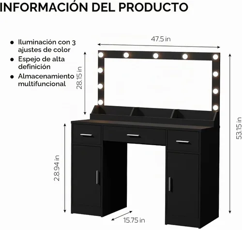Vista 6 de MIRROTOWEL Escritorio de tocador de 47.5 pulgadas con espejo grande, 3 modos de iluminación de color, brillo ajustable, cómoda con 3 cajones y 2