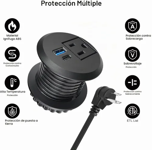 Vista 4 de Ojal de alimentación empotrable de carga rápida USB-C de 20 W, toma de escritorio de montaje empotrado de 2 pulgadas con cable de extensión de 6.5