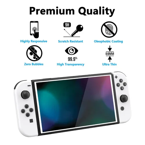 Vista 5 de PlayVital Protector de pantalla de vidrio templado con borde blanco para Nintendo Switch OLED, película protectora transparente HD transparente