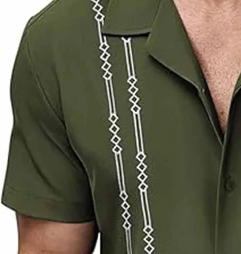 Vista 5 de Camisa de guayabera cubana para hombre, camisa de manga corta con botones, camisas hawaianas casuales de verano, camisas de playa para vacaciones