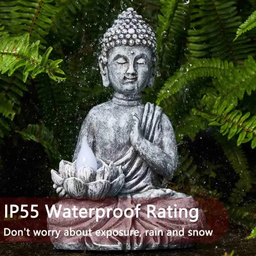 Vista 8 de Estatua Solar de Buda - Escultura Zen para Exteriores con Luz LED de Loto Parpadeante - Regalo de Decoración de Jardín Impermeable - 11.81 Pulgadas
