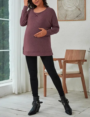 Vista 4 de Bhome Camisa de maternidad de manga larga con cuello redondo y abertura lateral para mujer, casual