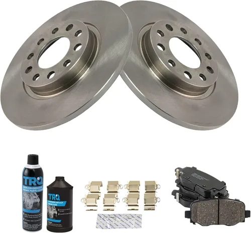 Vista 2 de TRQ Kit de pastillas de freno trasero y rotor, kit químico de freno, pastillas de freno de cerámica compatible con Jeep Cherokee 2015-2017 2014-2021