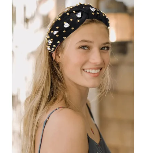 Vista 2 de Diademas anudadas de cristal para mujer, diademas brillantes con diamantes de imitación, cuentas doradas anchas adornadas, accesorios para el Negro