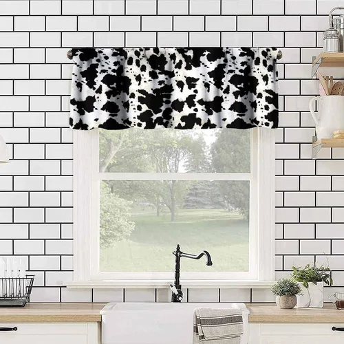 Vista 4 de Cenefa de piel de vaca blanca y negra, con estampado de animales de granja occidental, cortina corta opaca para ventana de granja, cocina