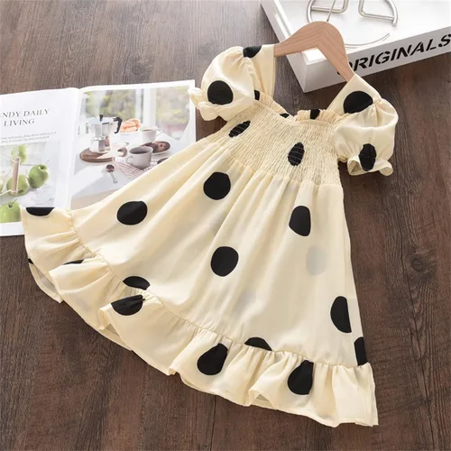 Vista 2 de Vestidos bebé Mangas de lunares Puff Fiesta de niños pequeños Volantes 1-7 años Niñas Princesa Niñito Vintage (Beige, 4-5 años)
