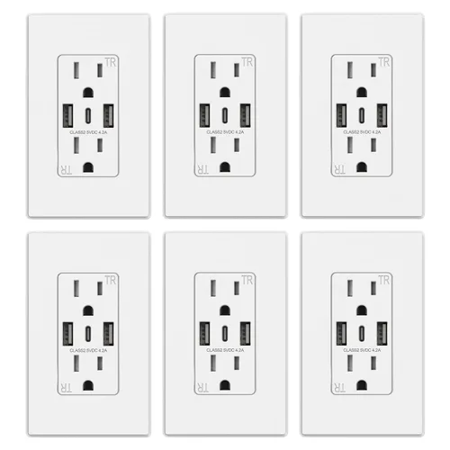 Vista 9 de ELEGRP Tomacorrientes de pared USB, Receptáculos de tomacorrientes de pared USB C de 3 puertos, tomacorrientes negro mate de 15 amperios con 3