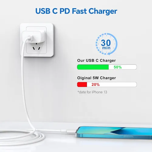 Vista 2 de Cargador rápido para iPhone 14 13 12 11, [certificado MFi], paquete de 3 bloques de carga USB C de 20W con cable de carga rápida USB C a Lightning