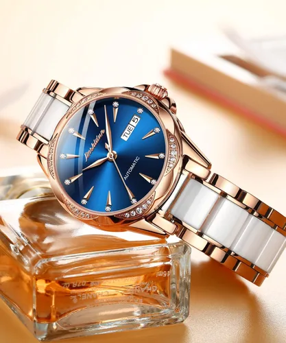 Vista 9 de Reloj automático de cerámica de acero inoxidable para mujer reloj mecánico de 984ft impermeable oro rosa elegante para mujer esfera de concha