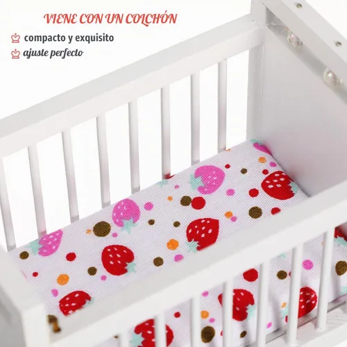 Vista 2 de Mini cuna de casa de muñecas a escala 1:12, cama de madera para muñecas con colchón