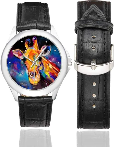 Vista 2 de InterestPrint Modern Art Jirafa Animal Relojes de pulsera clásicos impermeables para mujer con correa de cuero negro, Negro