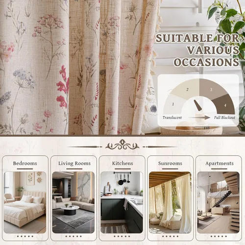 Vista 4 de STACYPIK Cortinas rústicas florales para ventana, cortinas semiopacas transpirables de 63 pulgadas de largo, 2 paneles lavables, cortinas filtrantes