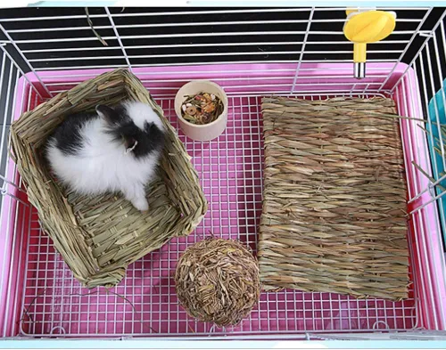 Vista 3 de Hamiledyi Alfombrilla de césped tejida para animales pequeños, 3 piezas de ropa de cama de conejito grande, juguete para masticar, juguete de cama