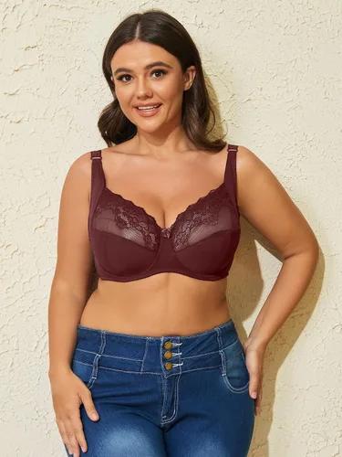 Vista 6 de OYOANGLE Bralette push up con encaje de contraste de talla grande para mujer, sin relleno, con aros