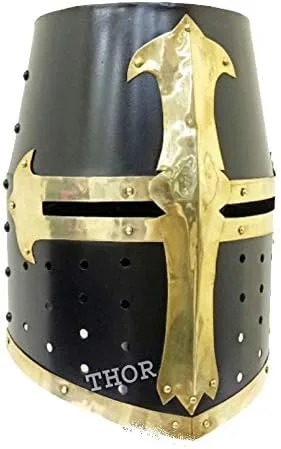 Vista 2 de Medieval Crusader - Casco de caballero templario de Halloween con acabado negro diseño de latón decoraciones de Halloween