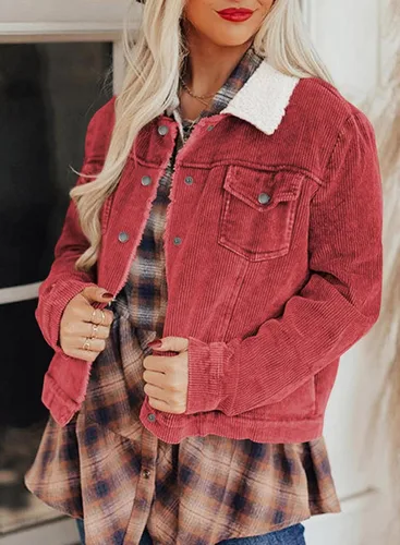 Vista 3 de SHEWIN Chaquetas casuales de pana Sherpa para mujer, de manga larga, con botones, de forro polar, con solapa
