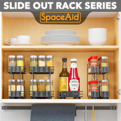 Vista 4 de SpaceAid Organizador de especias extraíble para gabinete, 2 cajones de 2 niveles, organizador de bolsas de té extraíble para gabinete