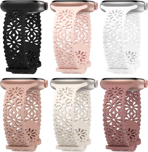 Vista 10 de Paquete de 6 correas de silicona delgadas y huecas de encaje compatibles con Apple Watch de 1.496 pulgadas, 1.575 pulgadas, 1.614 pulgadas, 1.654