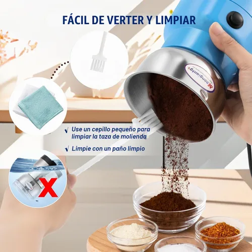 Vista 6 de Moongiantgo Molinillo de café eléctrico, mini molinillo de especias, molinillo rápido de 200 W, 10 segundos, molino de grano seco para especias Azul