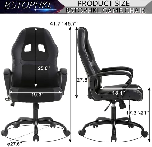Vista 2 de Silla para videojuegos, silla de oficina de masaje, sillas ergonómicas de videojuegos, silla reclinable ajustable para computadora con soporte Negro