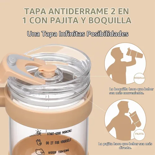 Vista 3 de Chunmo Vaso de vidrio de 40 onzas con 2 tapas, tapa de popote de bambú y tapa de popote 2 en 1, taza de café helado con asa, botella de agua de Ámbar
