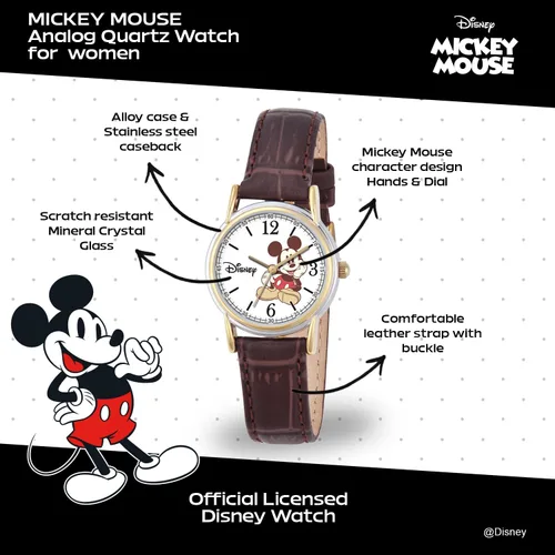 Vista 2 de Disney Mickey Watch - Watch for Women - Mickey Mouse Watches for Women Toys - 90s Mouse - Vintage - Articulating Hands - Gold Case - Brown Leather