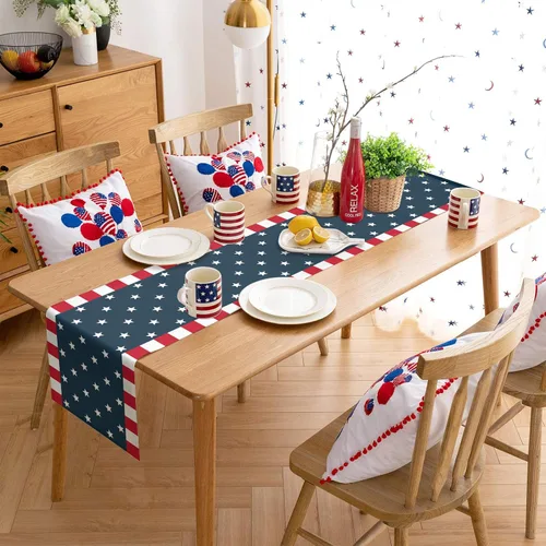 Vista 4 de Día de la Independencia, 4 de julio, camino de mesa de arpillera de lino para cenas, fiestas, decoración de cocina, bandera patriótica de Estados