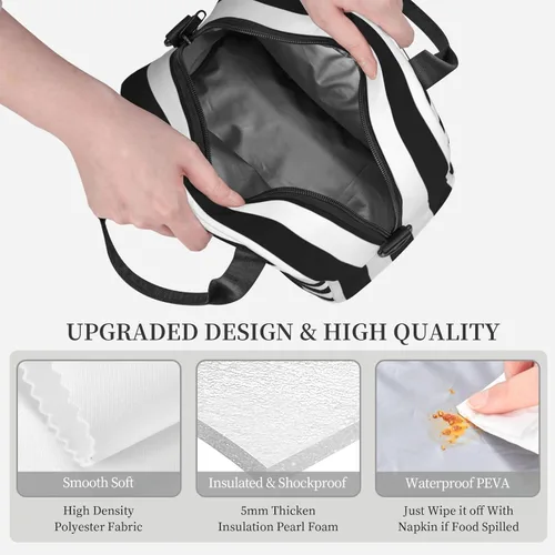 Vista 11 de Perinsto Bolsa de almuerzo a rayas blancas y negras con diseño de gatos, contenedor aislado reutilizable con correa de hombro ajustable, 9 x 5 x 7.8