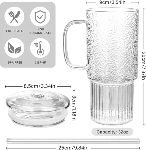 Vista 4 de Vasos de vidrio de 32 onzas con tapas de asa y pajitas, vasos de vidrio de borosilicato para café helado, licuados de frutas, vasos reutilizables