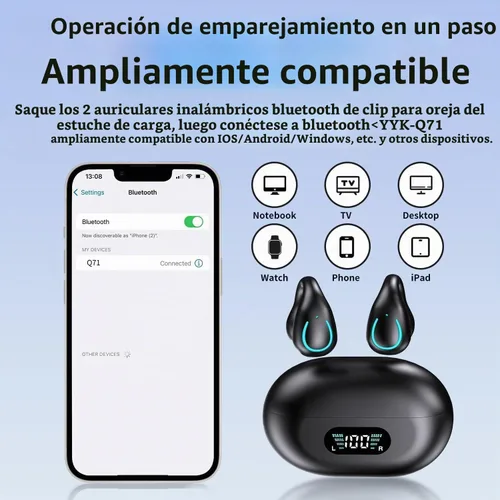Vista 3 de Auriculares de Conducción Ósea de Oído Abierto Bluetooth 5.3 Auriculares Inalámbricos Clip-On con Pantalla Digital Estuche de Carga 60 Horas