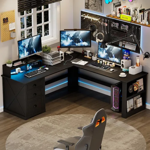 Vista 3 de FREDEES Escritorio en forma de L con soporte móvil y luces LED, escritorio de 59 pulgadas estilo granja para oficina en casa con cajón para Negro