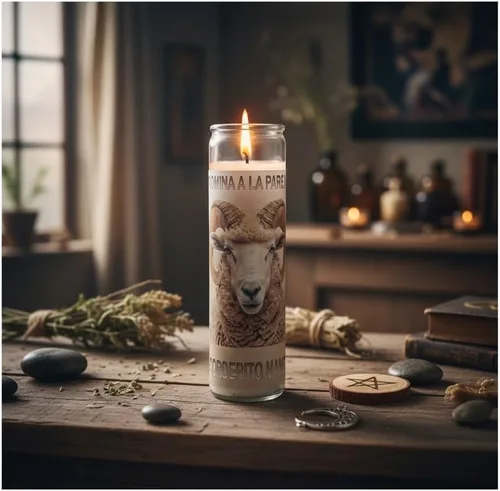Vista 2 de un perfumado Veladora, dominar a la pareja, Corderito Manso, Vaso Grande 14 oz con poderosa oración en español al reverso